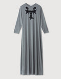 Gray heather pull-on nightgown with long sleeves and black lace appliqué neckline
