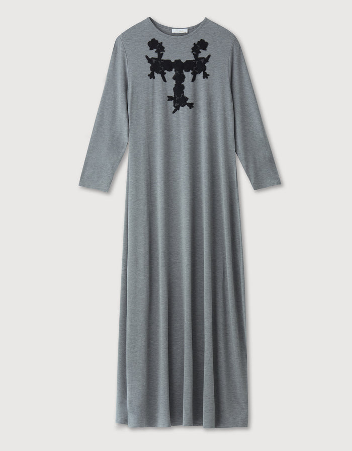 Gray heather pull-on nightgown with long sleeves and black lace appliqué neckline