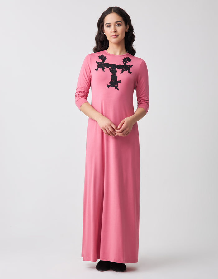 Pink pull-on nightgown with black lace appliqué and long sleeves