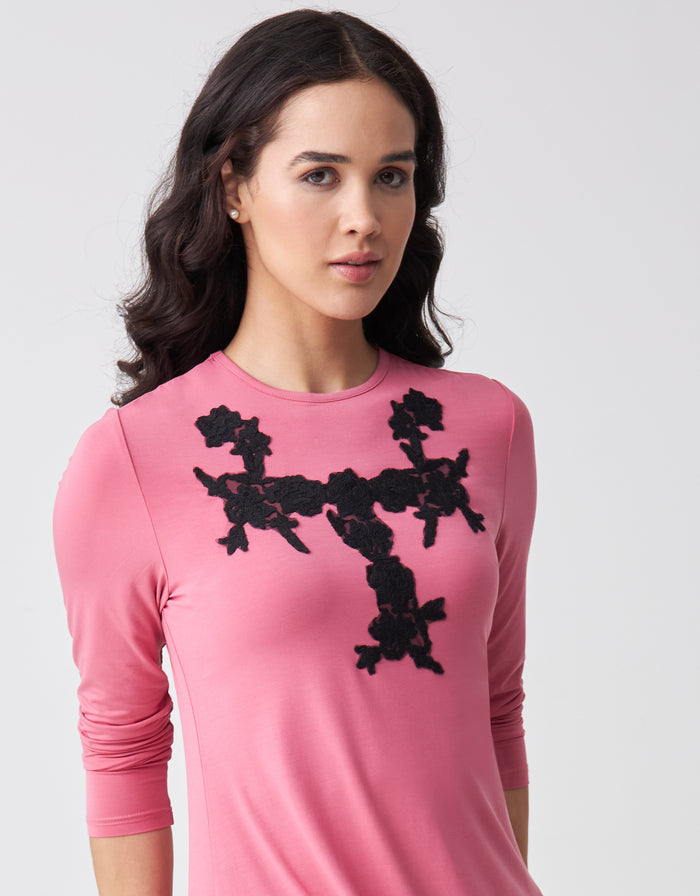 Pink pull-on nightgown with black lace appliqué