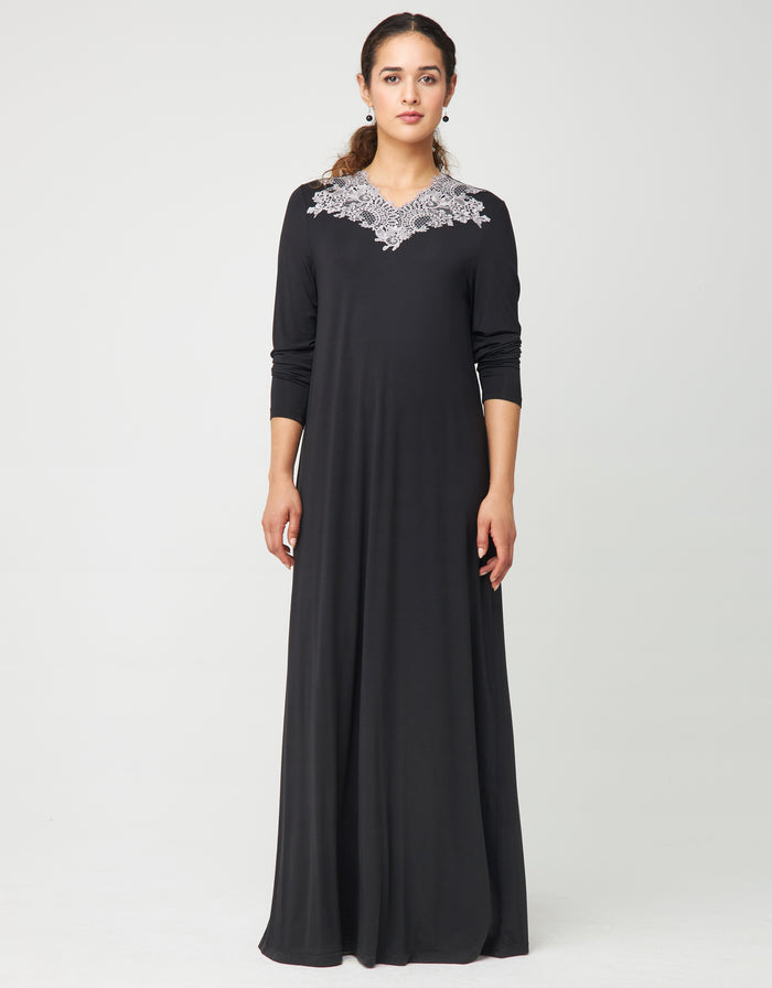 Black pull-on long nightgown with lace yoke, long sleeves and relaxed fit