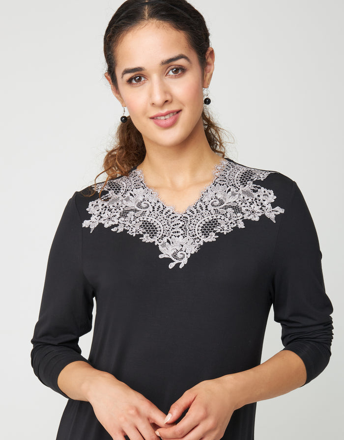 Black pull-on nightgown with lace yoke and scalloped trim at neckline