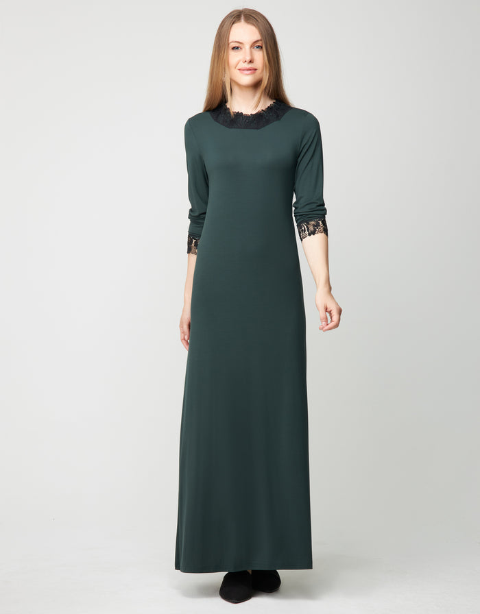 Hunter green pull-on nightgown with dark lace trim at neckline and cuffs, long sleeves