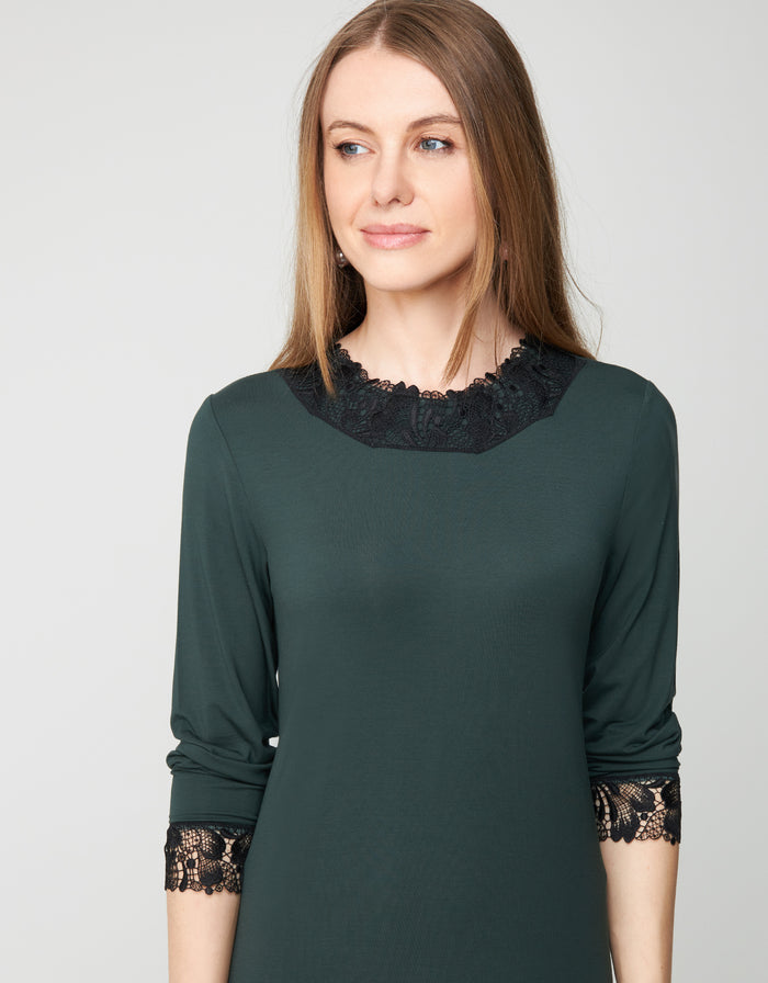 Hunter green nightgown close-up with dark lace-trim neckline and 3/4 sleeves