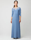 Soft blue long pull-on nightgown with contrast lace neckline, 3/4 sleeves