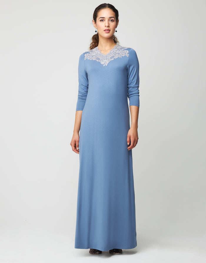Soft blue long pull-on nightgown with contrast lace neckline, 3/4 sleeves