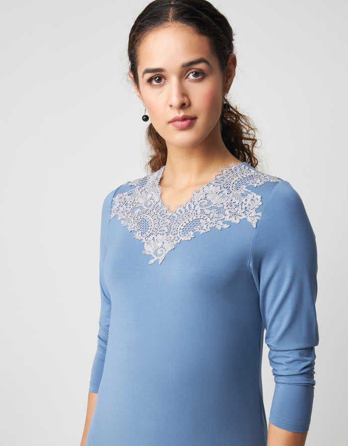 Soft blue pull-on nightgown with contrast lace V-neck trim, 3/4 sleeves
