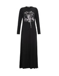 Black pull-on nightgown with long sleeves and white floral print on front