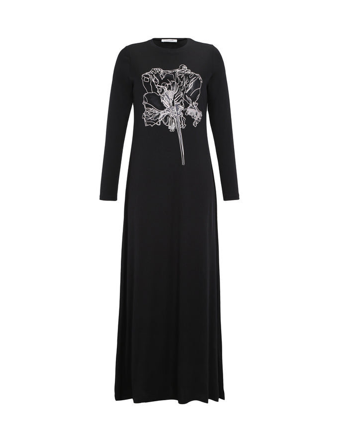 Black pull-on nightgown with long sleeves and white floral print on front