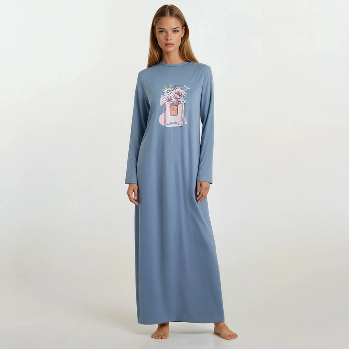 Soft blue Pull-On Nightgown with Floral Perfume Bottle Print