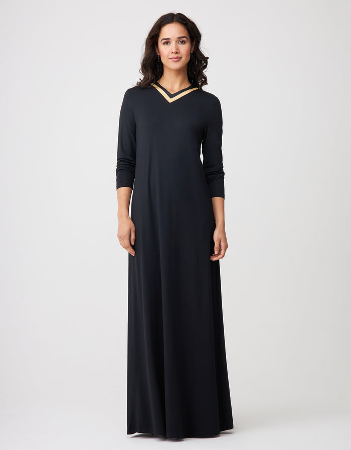 Black pull-on nightgown with satin-trim V-neck and long sleeves, full-length maxi.
