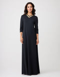 Black pull-on nightgown with satin-trim V-neck and long sleeves, full-length maxi.