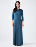 Teal blue pull-on nightgown with sparkly lace neckline, long sleeves