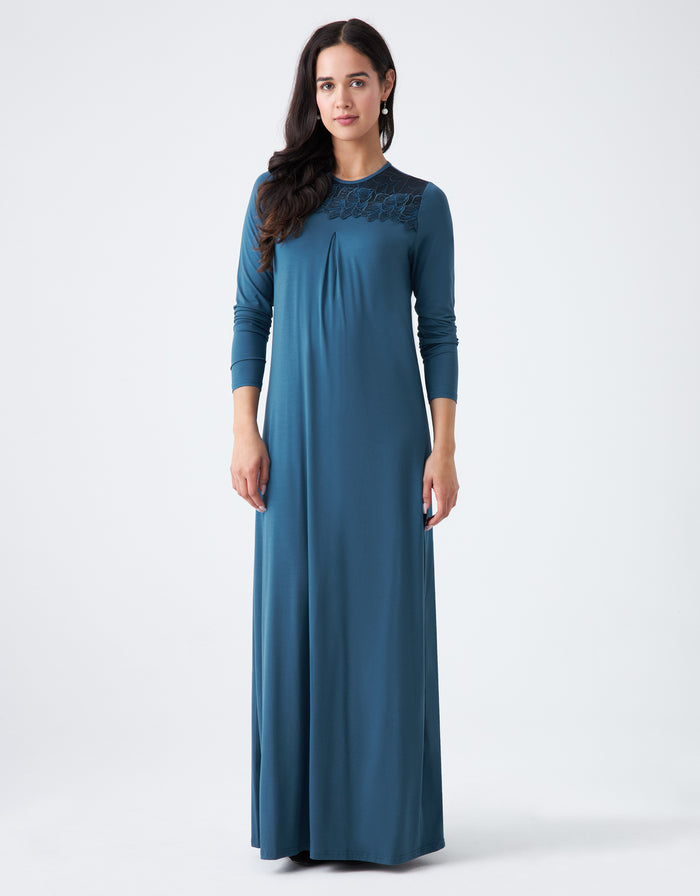 Teal blue pull-on nightgown with sparkly lace neckline, long sleeves
