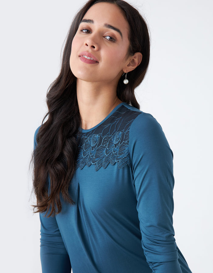 Teal blue nightgown with ornate sparkly lace yoke at crew neckline, long sleeves