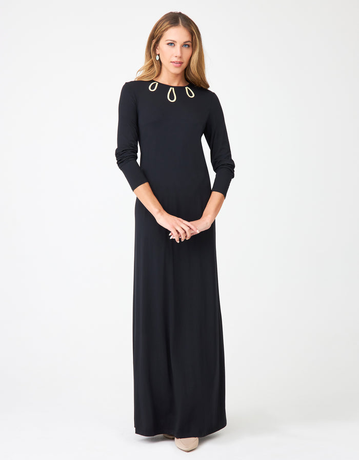 Black pull-on nightgown with gold-tipped keyhole neckline trim, long sleeves, maxi length