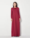 Cranberry pull-on nightgown with long sleeves and crew neck, tonal satin trim