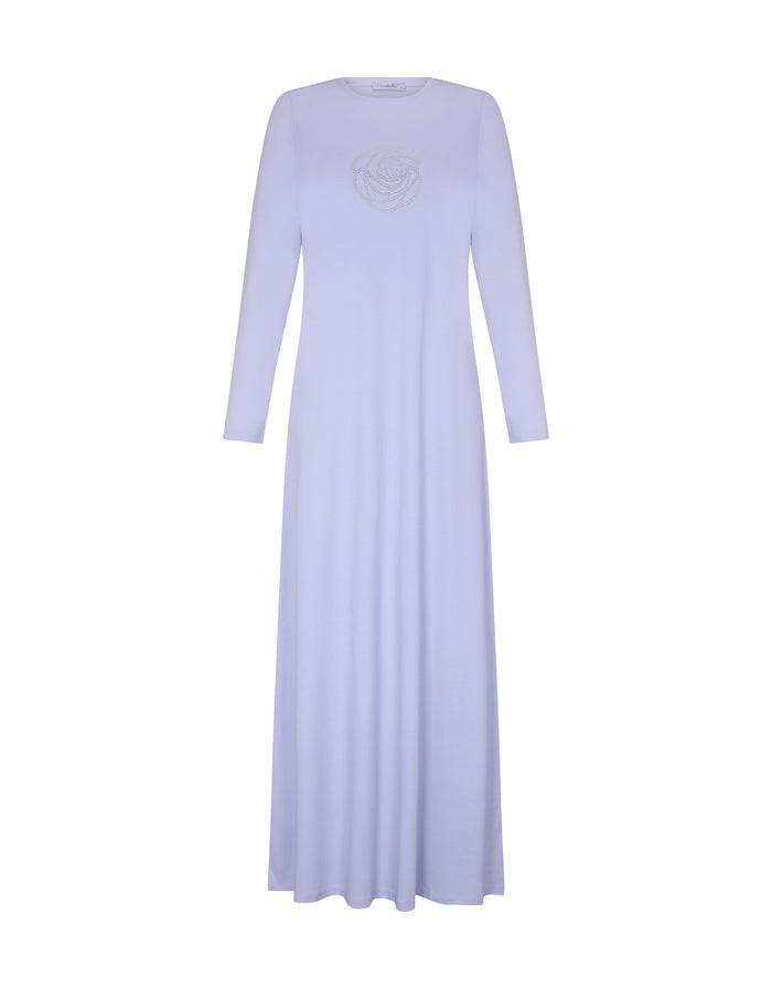 Light purple long-sleeve pull-on nightgown with round neckline and small chest emblem