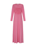 Pink pull-on nightgown with long sleeves and crew neck, long flared silhouette.