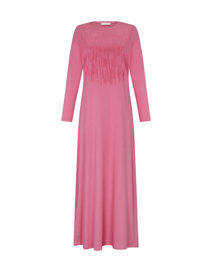 Pink pull-on nightgown with long sleeves and crew neck, long flared silhouette.
