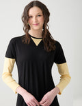Pull-on sweatshirt-style nightgown, black body with yellow contrast sleeves and V-neck yoke