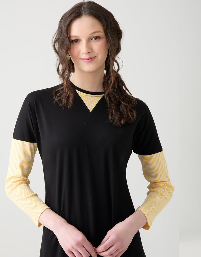 Pull-on sweatshirt-style nightgown, black body with yellow contrast sleeves and V-neck yoke