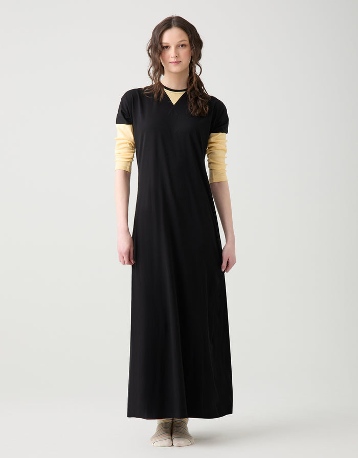 Pull-on sweatshirt-style nightgown, long black dress with yellow contrast short sleeves and cuff bands