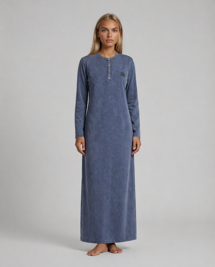 Blue long-sleeve henley nightgown with button placket and leaf chest print.