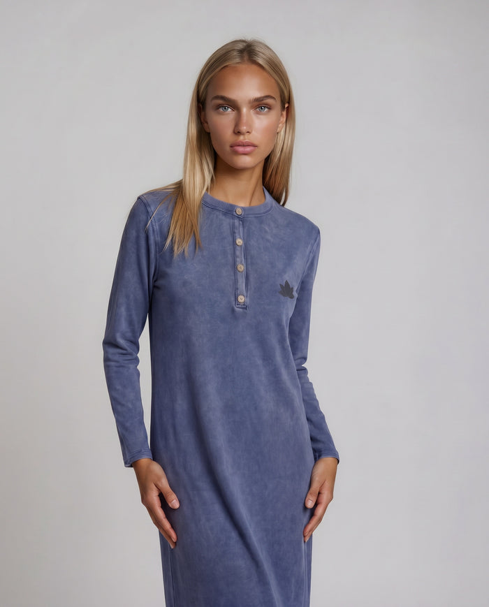 Blue long-sleeve henley nightgown with 3-button front and leaf chest logo.