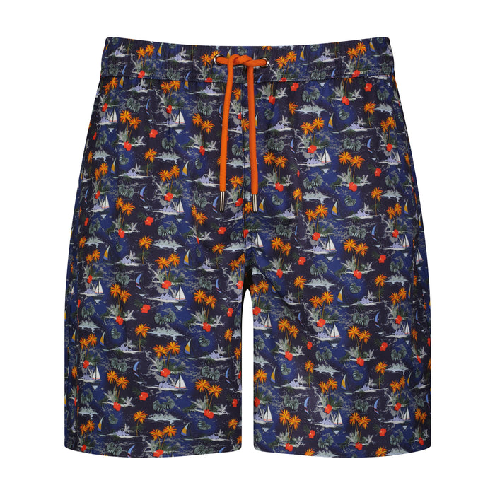 Purple Hawaiian Print Swim Trunks