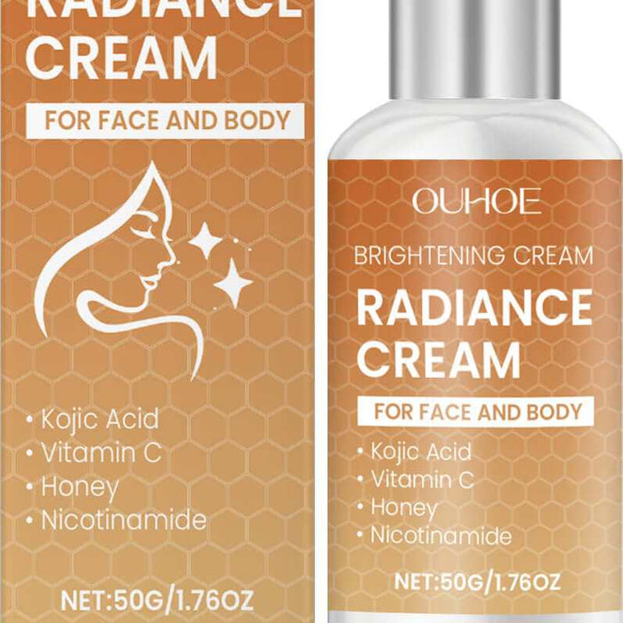 Crème Radiance de marque inconnue, texture douce et légère pour une peau éclatante, présentée dans un pot blanc.