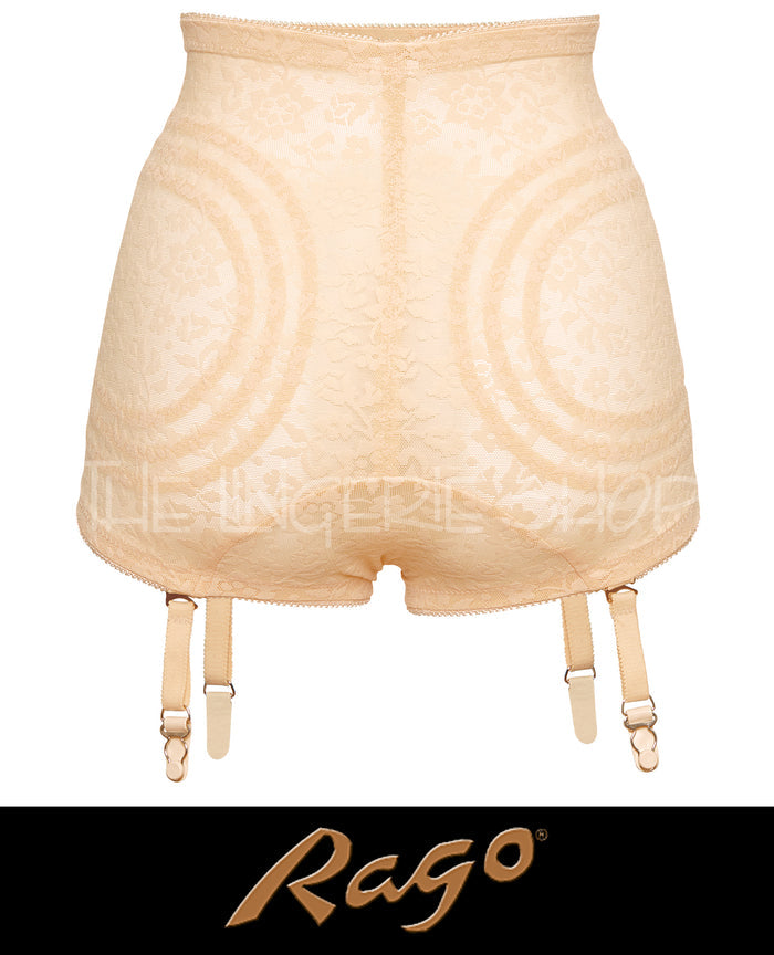Beige lace shaping brief panty with garter straps and adjustable buckles