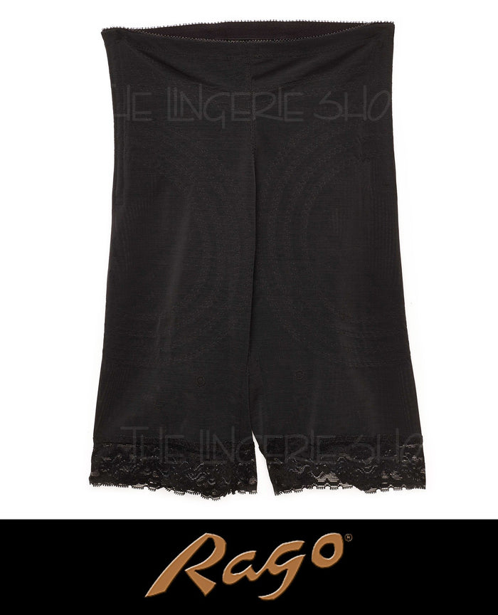 High-waist leg shaper firm panty girdle in black with lace trim at leg openings