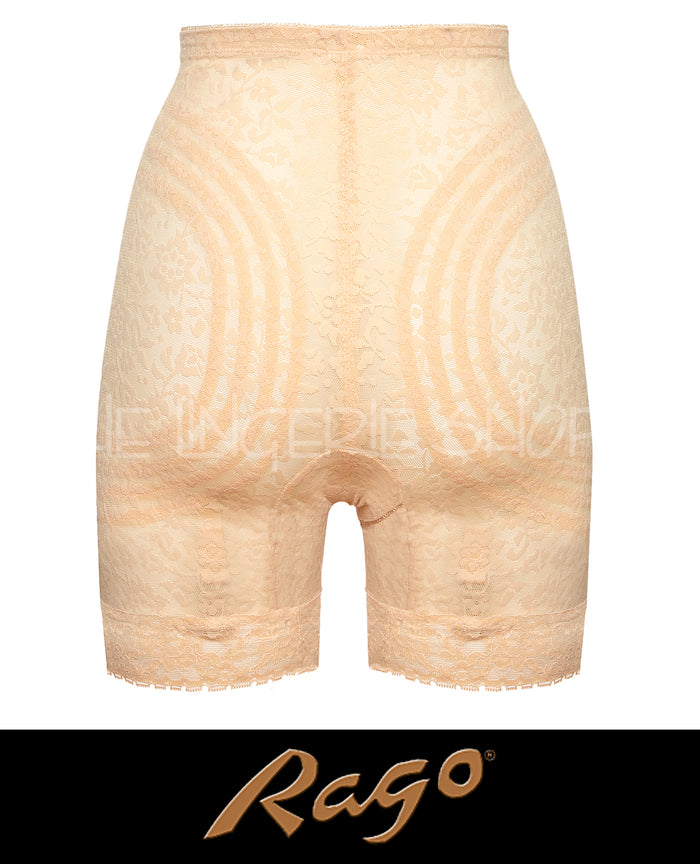 Beige long-leg shaping panty girdle with lace-like panel, high waist, seamless front