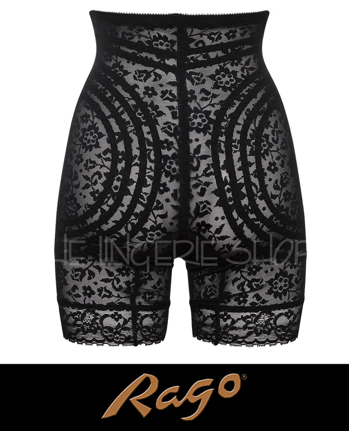 Black high-waist long-leg shaper panty with lace paneling