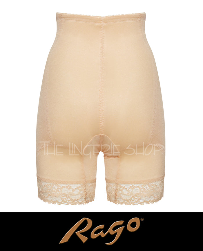 Beige long-leg panty girdle with lace trim at the hems