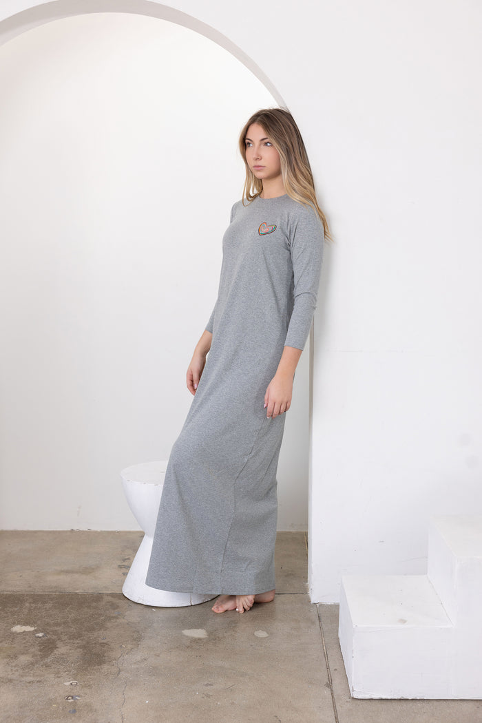 Gray teen long-sleeve nightgown with small rainbow heart graphic, side view