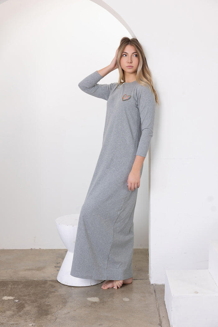 Gray teen long-sleeve nightgown with rainbow heart graphic, hand-on-head front view