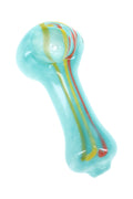 Aqua 2½″ rasta stripe glass hand pipe with frit texture, spoon bowl, side carb, and rounded mouthpiece