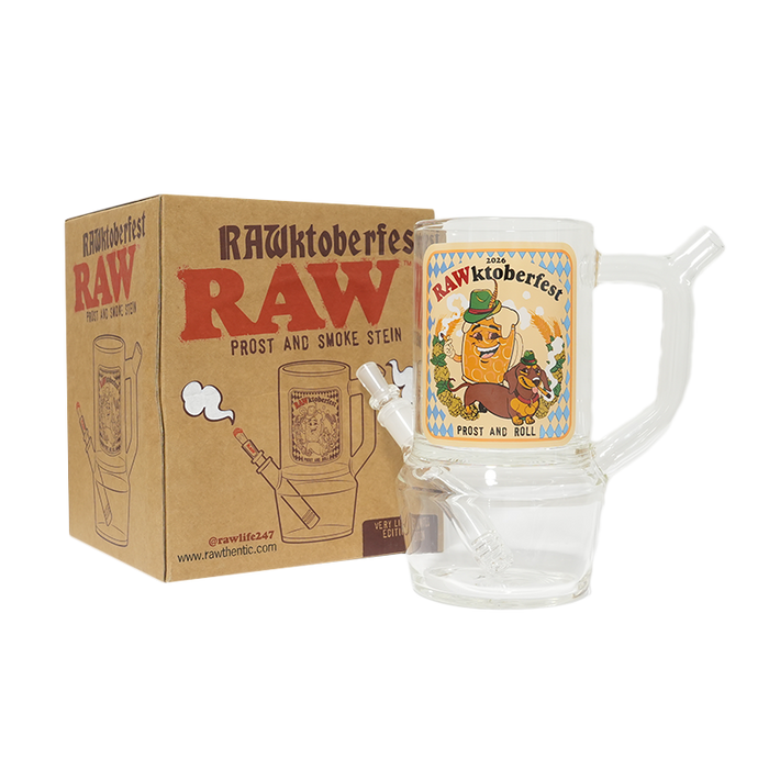 RAWktoberfest Prost and Smoke glass stein beside box with cone adapter and printed front artwork