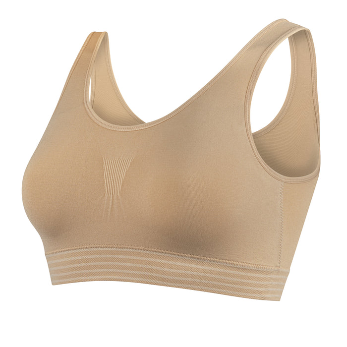 Beige seamless sports bra with wide racerback straps and scoop neckline