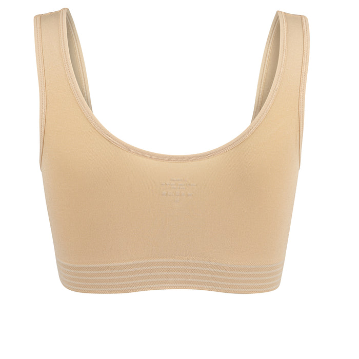 Beige seamless sports bra front with wide straps and smooth compression fit