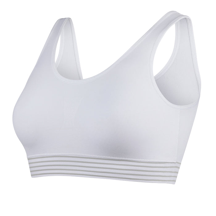 Women’s seamless sports bra, white with wide straps and scoop neckline, ribbed hem