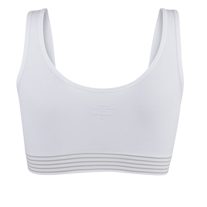 Women’s seamless sports bra in white, wide scoop neckline, ribbed striped hem band