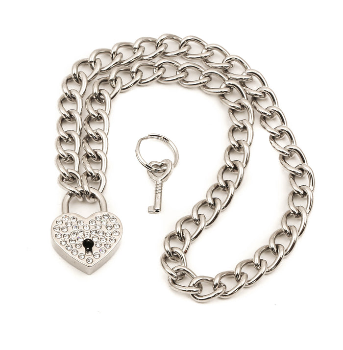 Rhinestone Heart Padlock Necklace Pendant Premium Steel Regular Chain