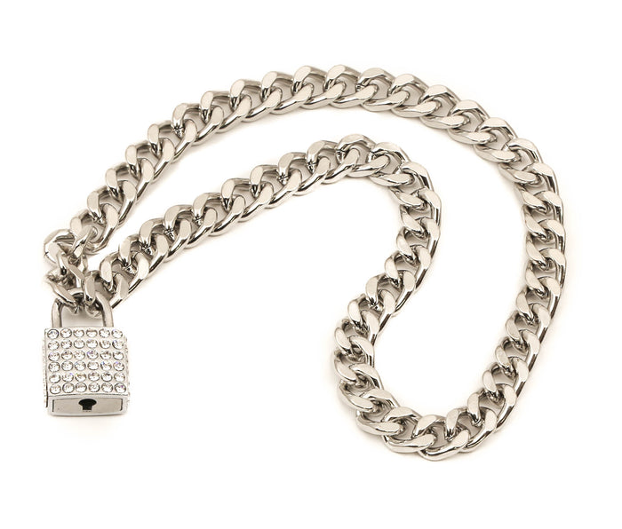 Rhinestone Silver Square Padlock Necklace Pendant Diamond Cut Cuban Chain