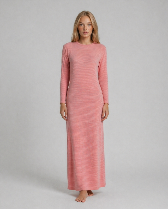 Ribbed soft-touch nightgown in dusty pink, long sleeve crew neck maxi length
