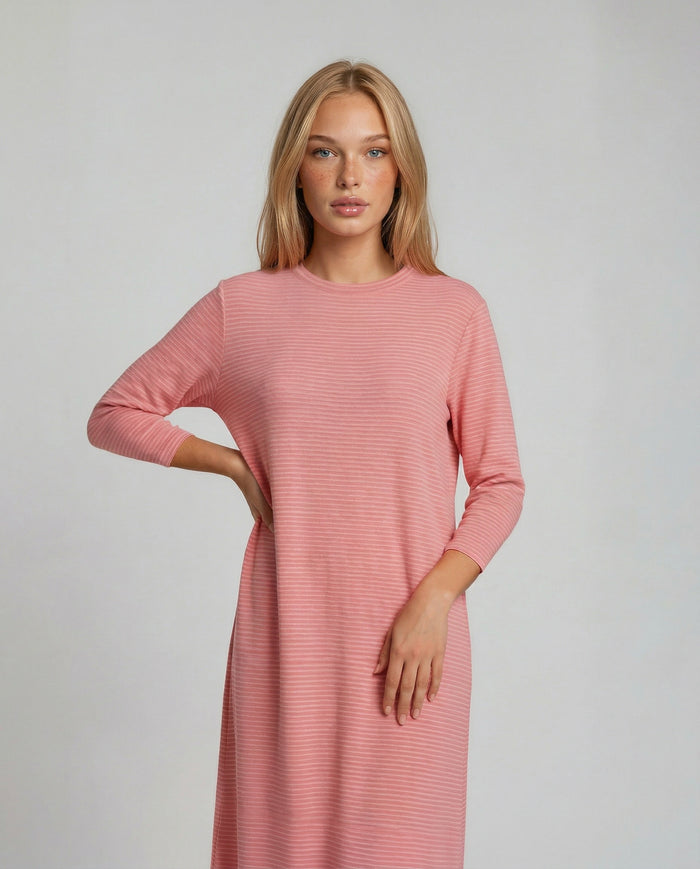Ribbed soft-touch nightgown in dusty pink, striped knit look, crew neck long sleeves
