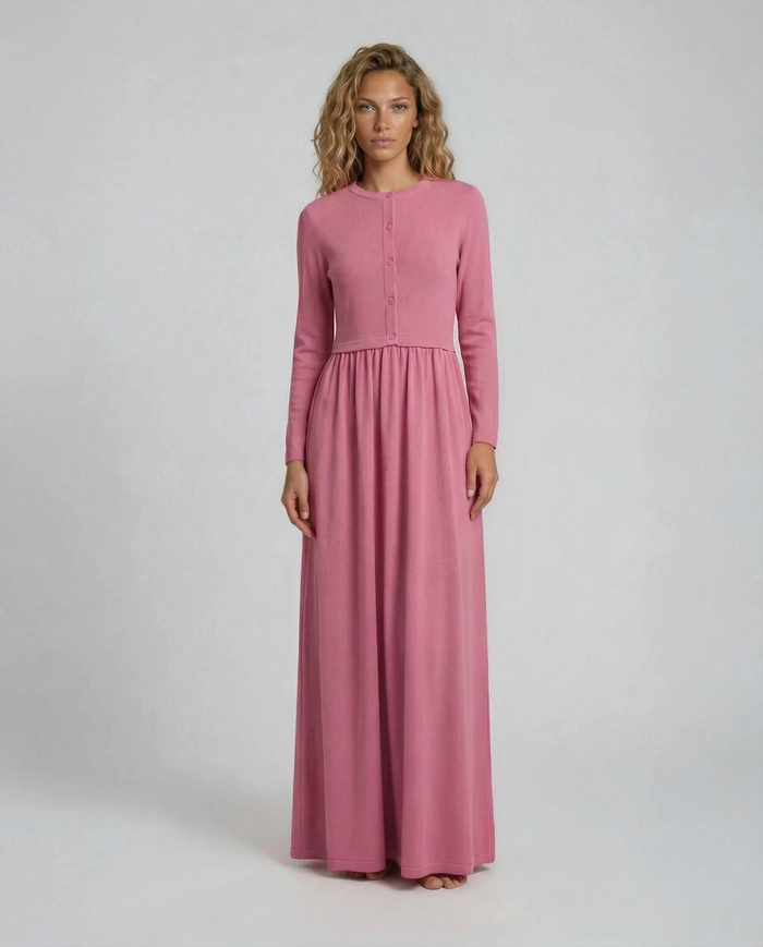 Rose Grace maxi dress, long sleeves, button-front bodice, dusty rose pink