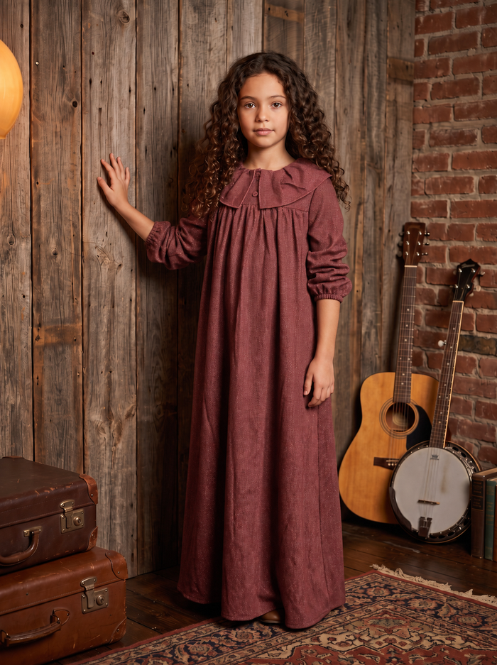 Rosewood tweed long sleeve ruffle collar maxi dress for children.